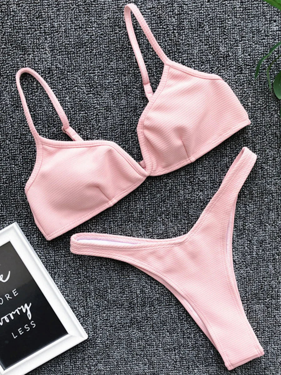 Ribbed V Shape Thong Bikini Women Swimwear Swimsuit Female Two-pieces Bikini set High Cut Bather Bathing Suit Swim Beachwear