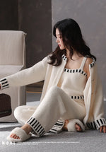 Women's Autumn and Winter Pajamas 3-Piece Set Soft and Half Velvet Thickened and Warm