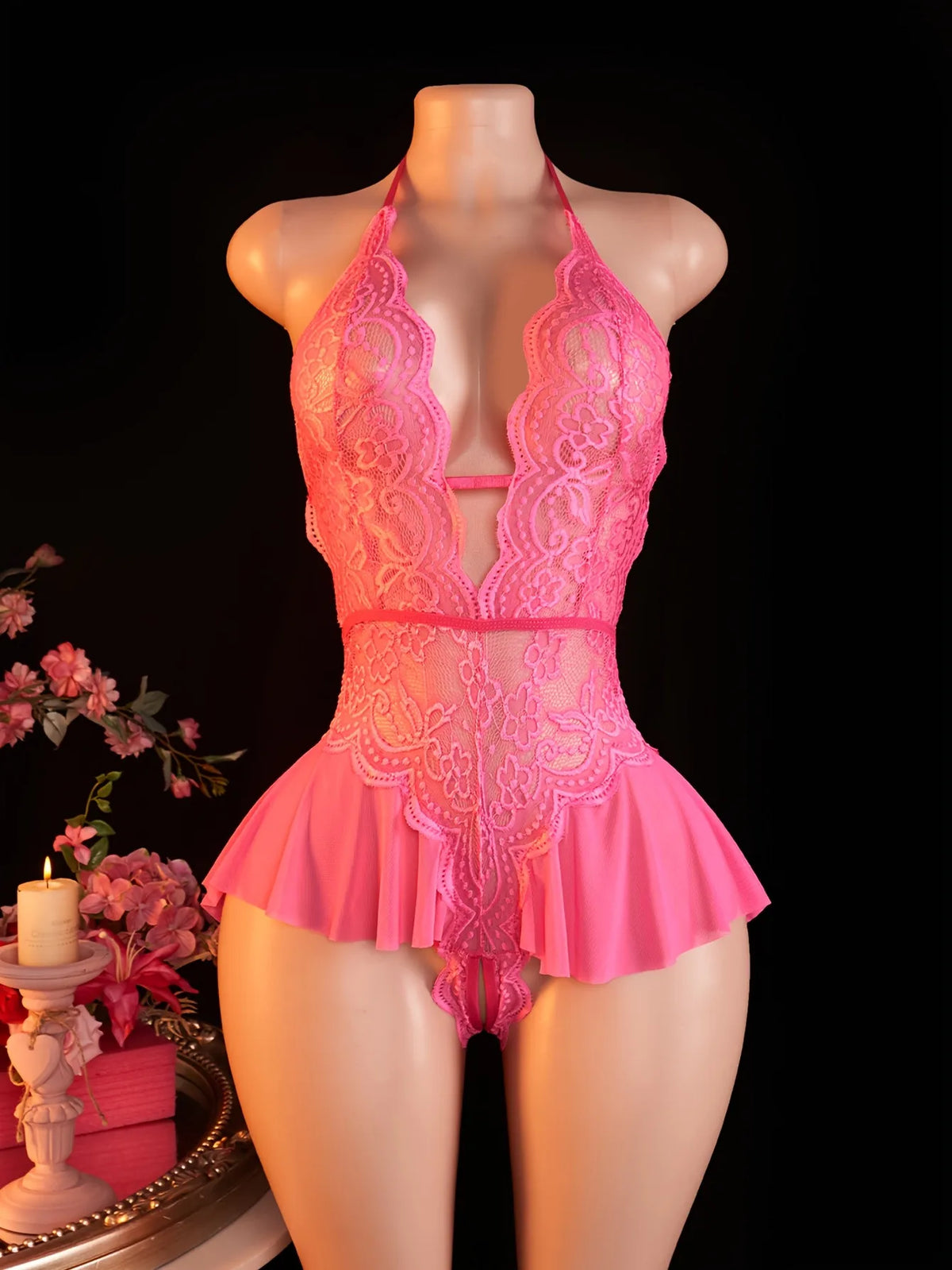 Women's Lace Bodysuit Halter Neck Deep V Backless Floral Sheer One Piece Lingerie with Ruffle Skirt for Nightwear