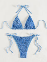 Sexy Sequin Blue Micro Bikini Set Women Shiny Push Up Bra Tie Side Triangle Swimsuit Summer Bathing Suit Holiday Swimwear 2026