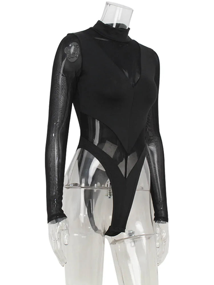 Ahagaga Sexy Mesh Women's Bodysuits See Through Skinny Turtleneck Solid Regular Long Sleeves Slim Fit Streetwear Rompers T Shirt
