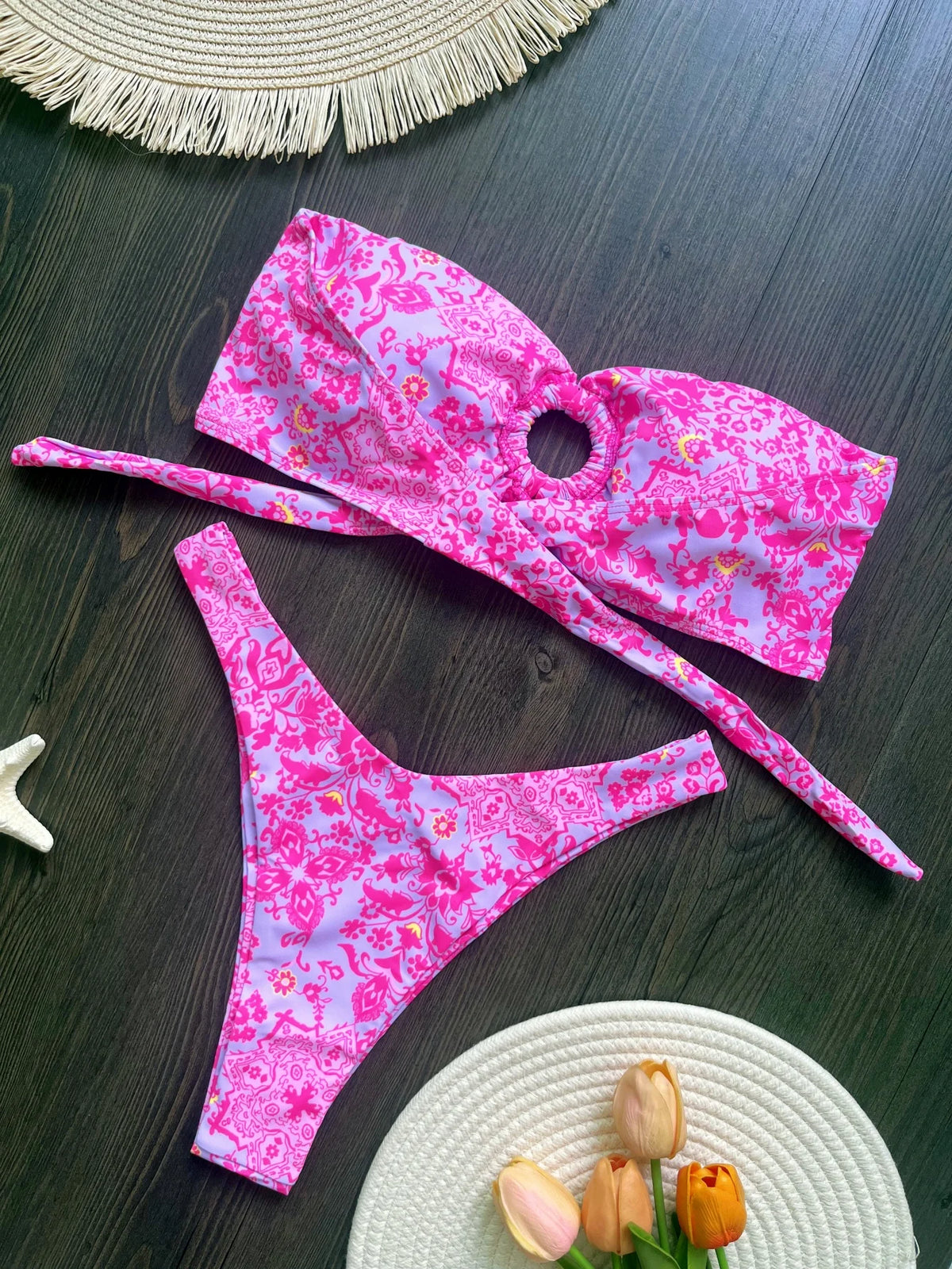 Sexy Colorful Floral Printed Bandeau Bikini Female Swimsuit Women Swimwear Two-pieces Bikini set Bather Bathing Suit Swim