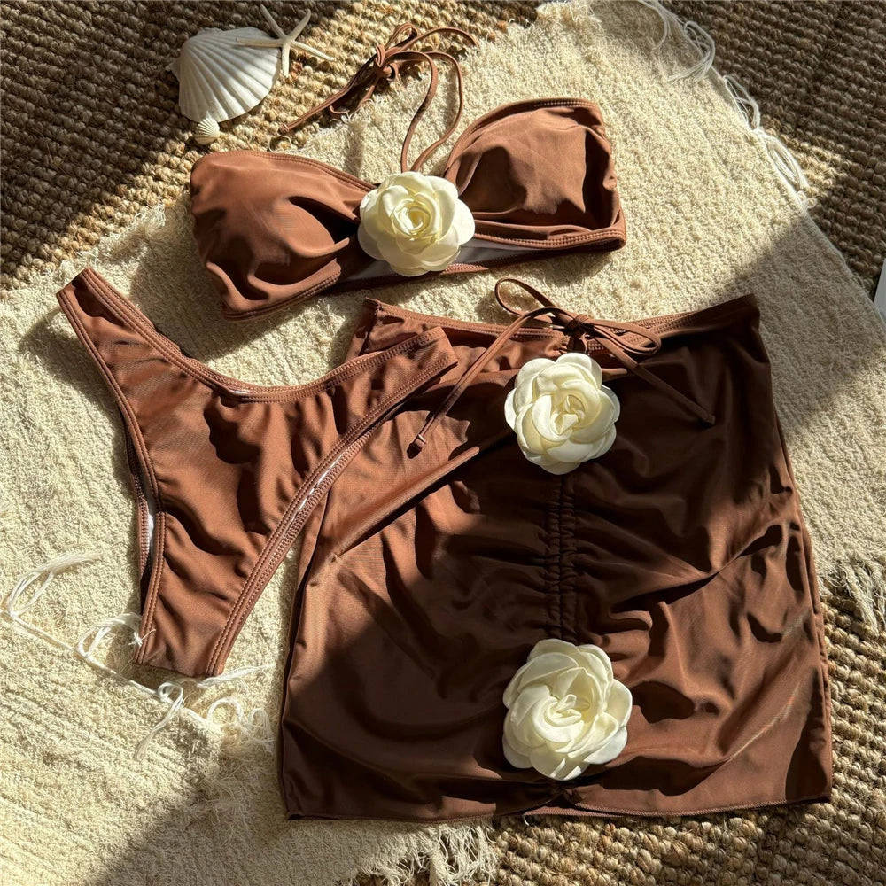 Sexy Black 3D Flower Bandeau Swimwear Skirts Cover Ups Thong 3 Piece Bikini Set 2026 Women Swimsuits Beachwear Bathers Bikinis