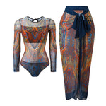 S - XXL Printed Long Sleeve With Sarong One Piece Swimsuit Women Swimwear Female Flowers Padded Bather Bathing Suit Swim K7181
