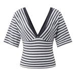 Womens Striped T-shirt Deep V Neck Short Elbow Sleeve Corset Tops 2026 Summer Casual Retro Stylish Shirts