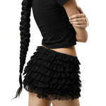 Womens Solid Color Lace Mesh Shorts Tiered Ruffled Bow Elastic Waistband Summer Leisure Lounge Short Pants