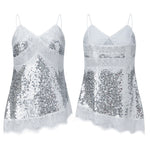Women Sequin Camisole Tops Spaghetti Strap V Neck Lace Trim Loose Fit Tank Tops Summer Daily Casual Elegant Vest Streetwear