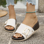 Buckle Decor Wedge Slippers Women Fashion Rivet High Heel White Sandals Woman Summer Slip On Pu Leather Platform Slides Mujer