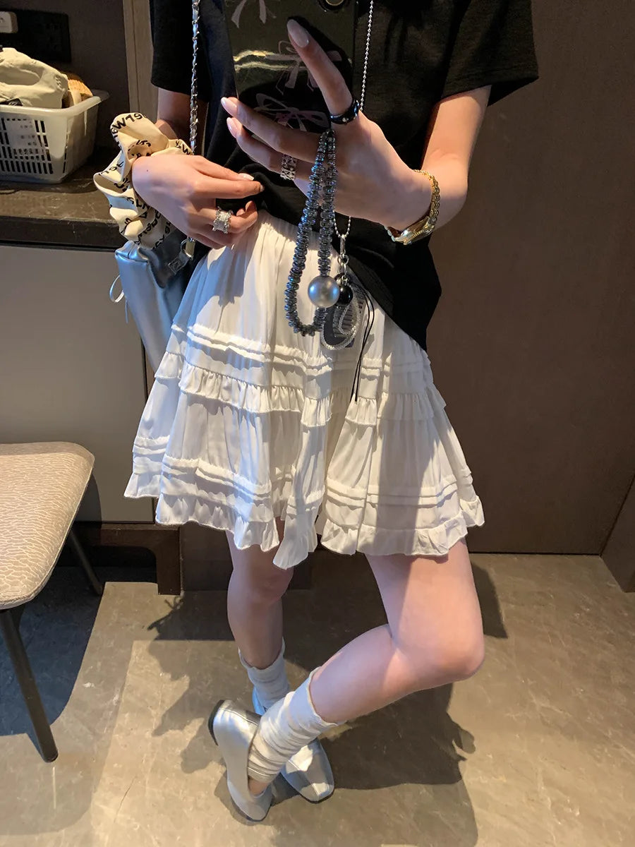 Sweet Korean Style Lace Loose Short Skirt White Tiered Ruffled Mini Skirt Elastic Waist Cute Casual Summer Skirt For Women EHAB