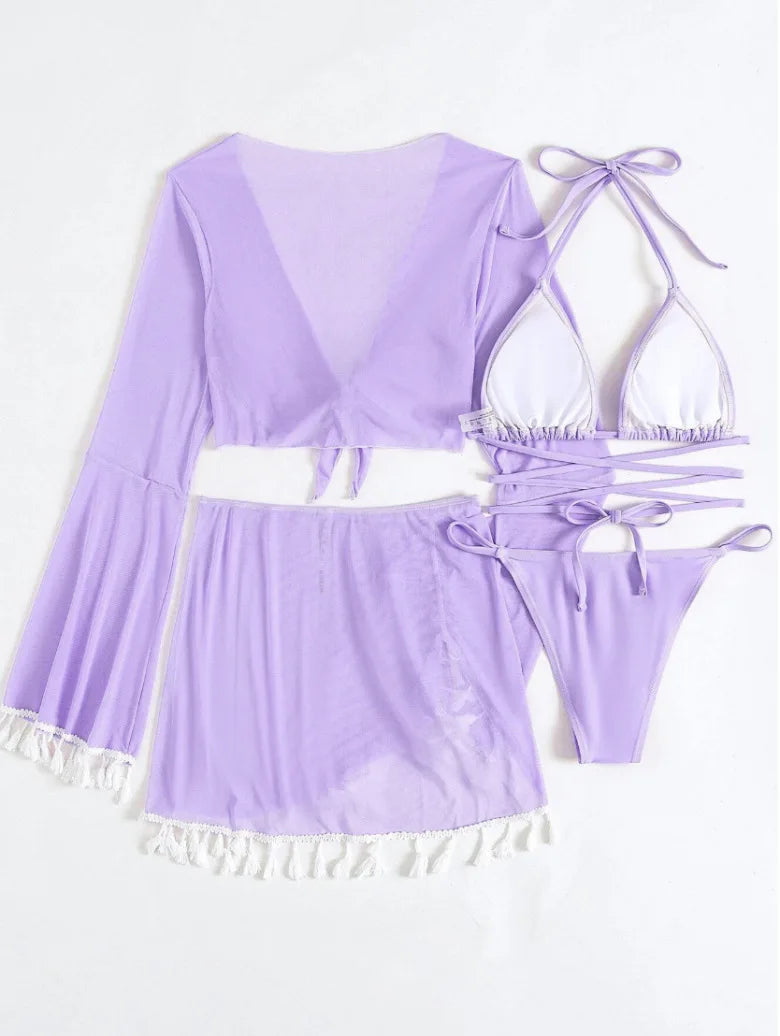 Sexy 4pcs Boho Tassels Trim Bikinis Sets Ladies Padded Bikini Set +cover Up Tops Skirts Beachwear Bathing Suit Biquini Monokini