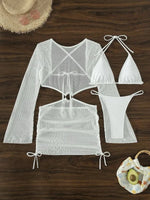 Mesh Sheer Long Sleeve Cover-Up Micro Bikini Female Swimsuit Women Swimwear Three-pieces Bikini Set Bathing Suit Swim Beach Wear