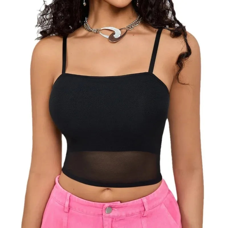 1pcs Mesh Corset Crop Top Women's Patchwork Tube Top Sexy Sleeveless Off Shoulder Cami Summer Streetwear Slim Camisole Tank Tops