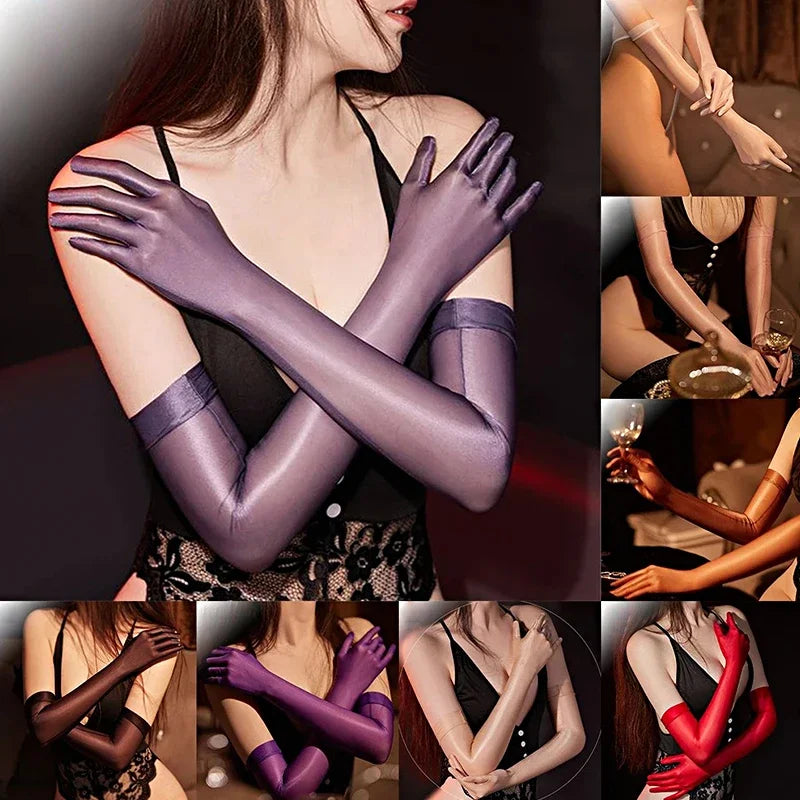 Ultrathin Sunscreen Driving Gloves Sexy Lace Oil Shiny Gloves for Women See Through Elastic Gloves Luxury Candy Color