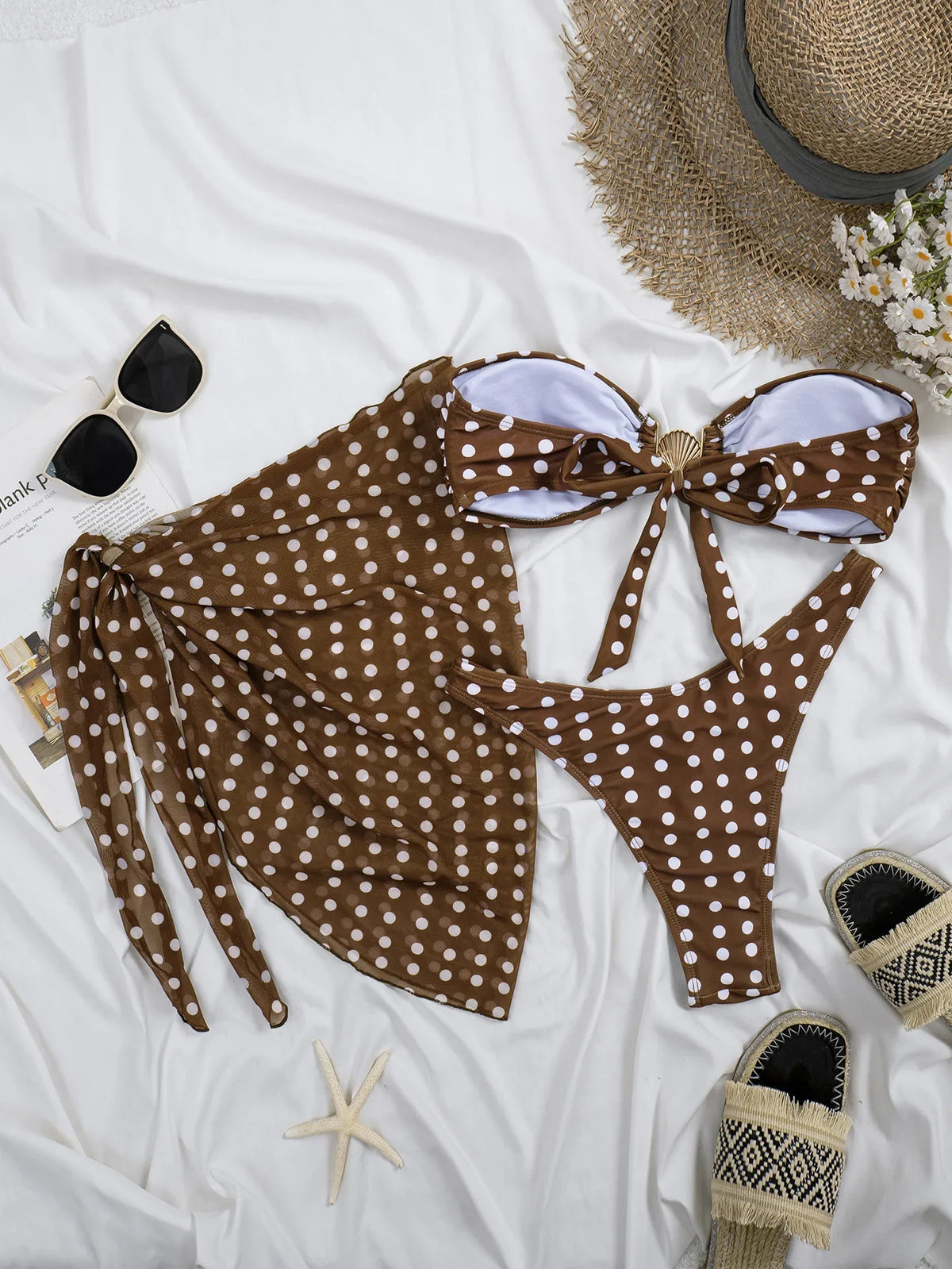 Sexy Coffee Polka Dot Print Bikini Set Women Bandeau Metal Shell Buckle Push Up Cover Up 3 Piece Swimsuit Bathing Suit Swimwear