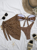Sexy Coffee Polka Dot Print Bikini Set Women Bandeau Metal Shell Buckle Push Up Cover Up 3 Piece Swimsuit Bathing Suit Swimwear