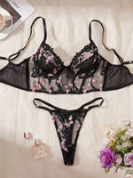 Women Black Mesh Lingerie Set Floral Embroidery Fishbone Bustier Top&Thong 2 Pcs Underwear Sexy Intimate Female Push Up Bra Set
