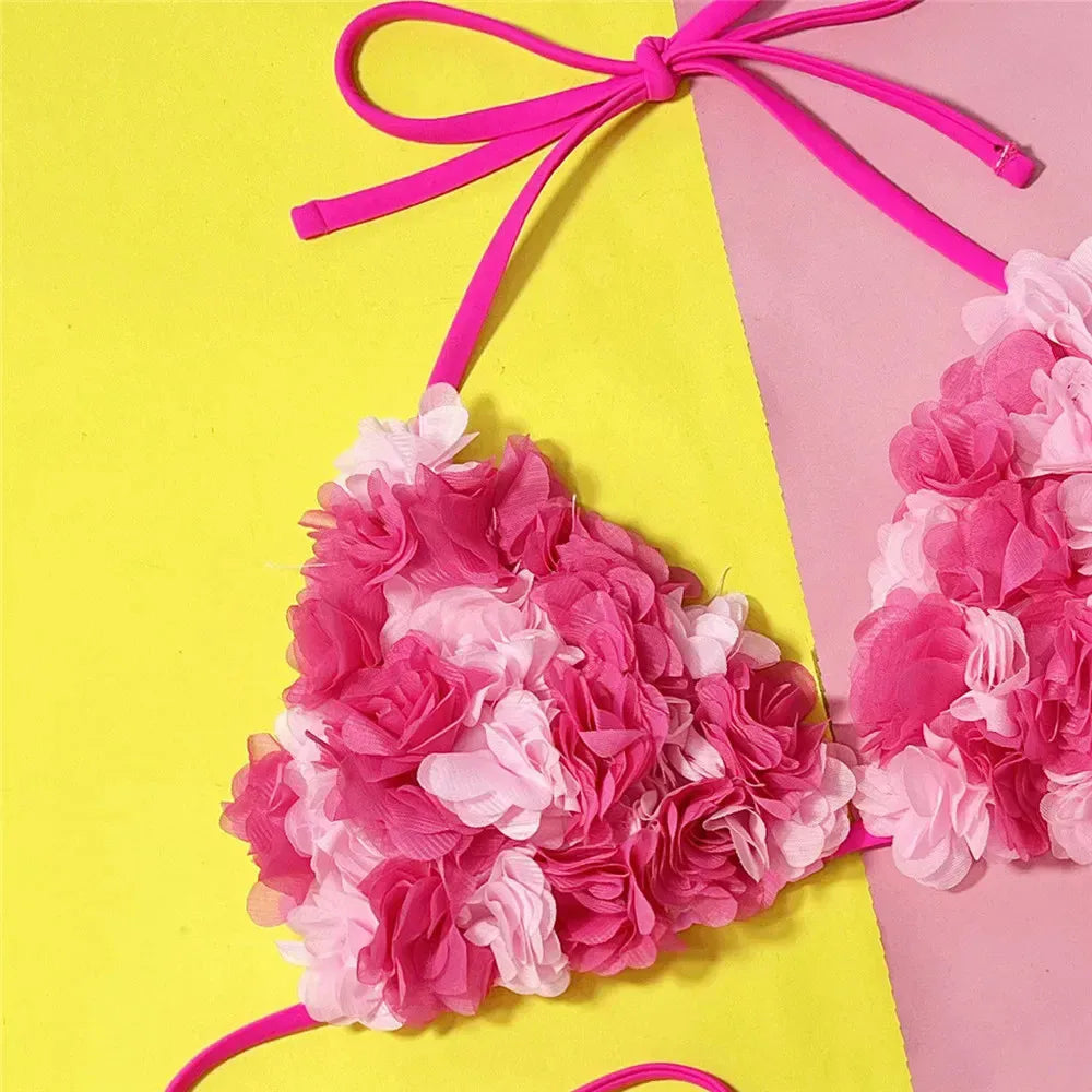 Sexy Pink Flower Swimwear Triangle Halter String Micro Bikini Thong Swimsuit Women 2025 Mesh Petal Bathing Suit Bikinis De Mujer