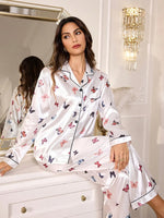 Womens Satin Silk Pajama Set Butterfly Print Long Sleeve Lapel Button‑Up Shirt Pants 2PS Sleepwear Casual Home Loungewear PJ Set
