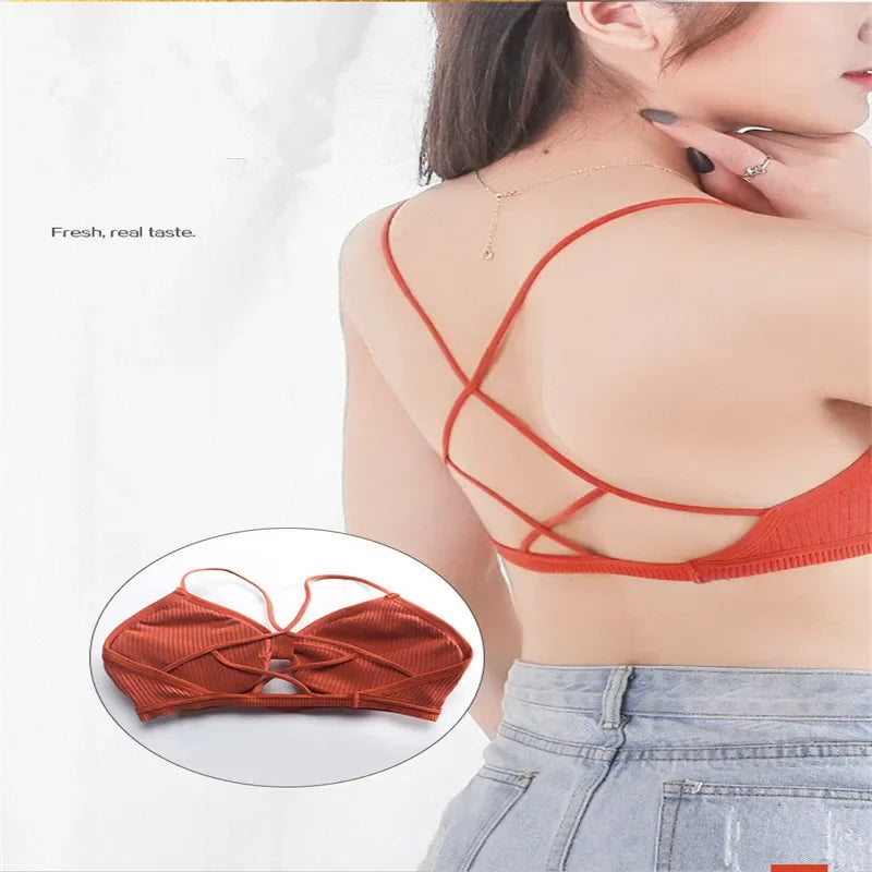 Front Hollow Out Ribbed Bralette Criss Cross Back Thin Straps Removable Chest Pads Wireless Bra Breathable Daily Underwear