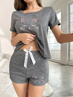 Women Summer Cartoon Cat Print Pajamas Set Casual Round Neck Short Sleeve Top and Shorts Sets Sleepwear Loungewear