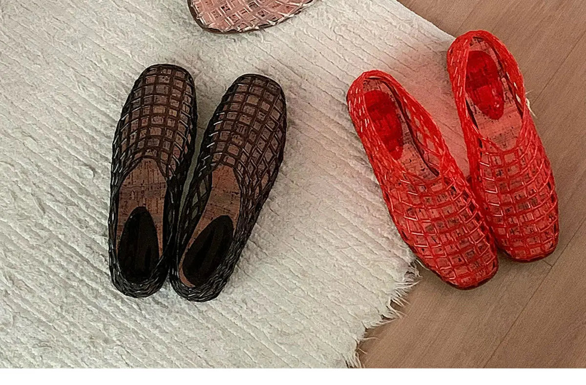 Women's New Flat Sandals with Hollow Transparent Color Mesh Jelly Shoes Woman Daily Walking Flats Plus Size 41 Soft PVC Footwear