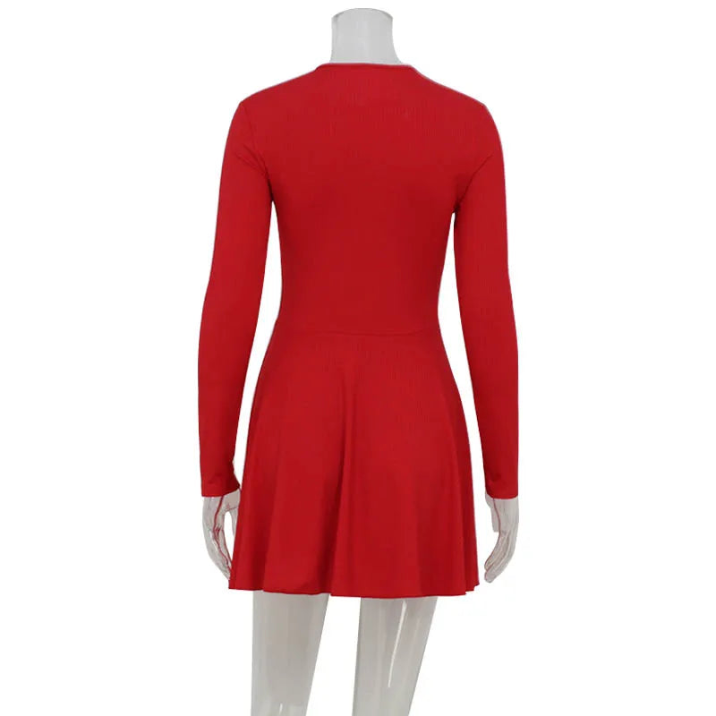 Ahagaga Fashion Solid Women's Mini Dresses A-Line Knitted Sheer Slim Fit Long Sleeves Bodycon O-Neck Party Streetwear Vestidos
