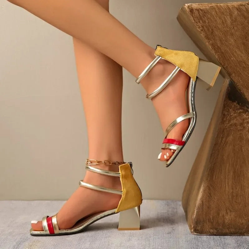 2026 New Summer Women's Pumps Elegant Strap Solid Color Square Toe High Heels Open Toe Fashion Sexy Banquet Women's Shoes