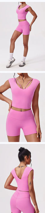 Naked Yoga Sets Women Gym V Neck Slim Sports Vest High Waist Shorts 2 Piece Fitness Suits Outwear Running Workout Tracksuit