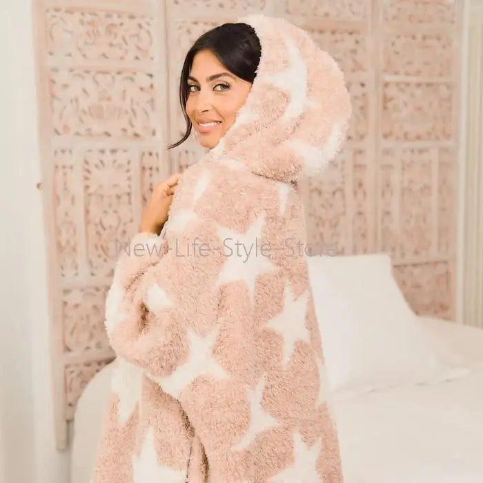 New Women Ins Lazy Vibe Star Print Hooded Plush Sleepwear Autumn & Winter Oversized Casual Wearable Blanket Home Outfit