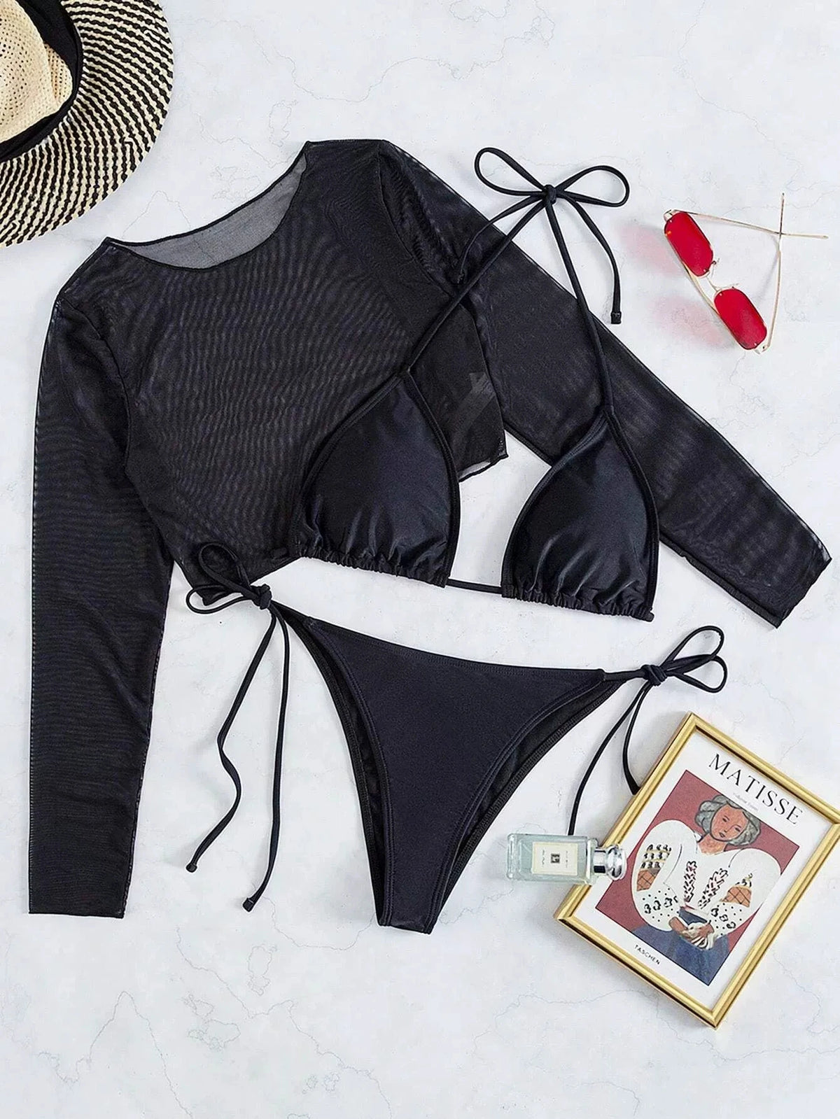 DEKA Black Cove Up Bikini Set Tied High New Women's Bikini Swimsuit Set Long Sleeve Separate Design Cross-Border Swimwear