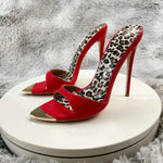 Red matte Leopard Base Slippers Pointed Toe Thin High Heels Women's Shoes Summer Casual Sexy Slip On Party One Word Belt Slipper