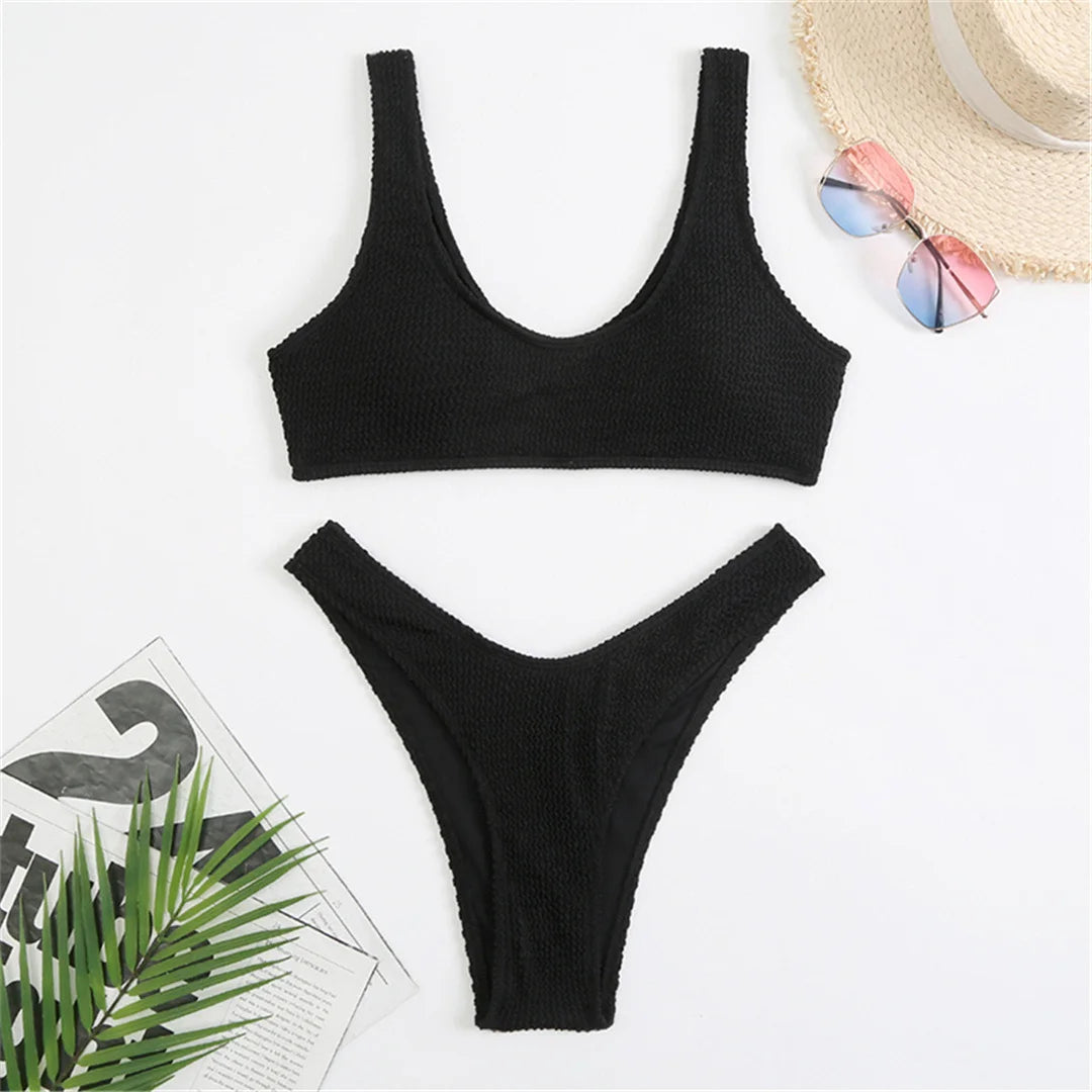 8 Colors High Cut Wrinkled Crinkled Bikini Female Swimsuit Two-Pieces Bikini Set Women Swimwear Bather Bathing Suit Swim V3461C
