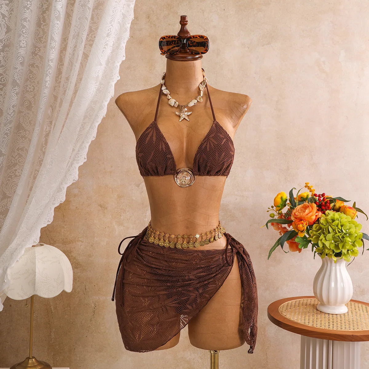 DEKA Brown Metal Circle Swimsuit Brazil Mesh Skirt 3 Piece Bikini Set Women Push Up Bra Thong Swimwear Holiday Bathing Suit
