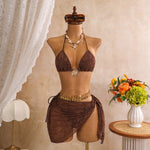 DEKA Brown Metal Circle Swimsuit Brazil Mesh Skirt 3 Piece Bikini Set Women Push Up Bra Thong Swimwear Holiday Bathing Suit
