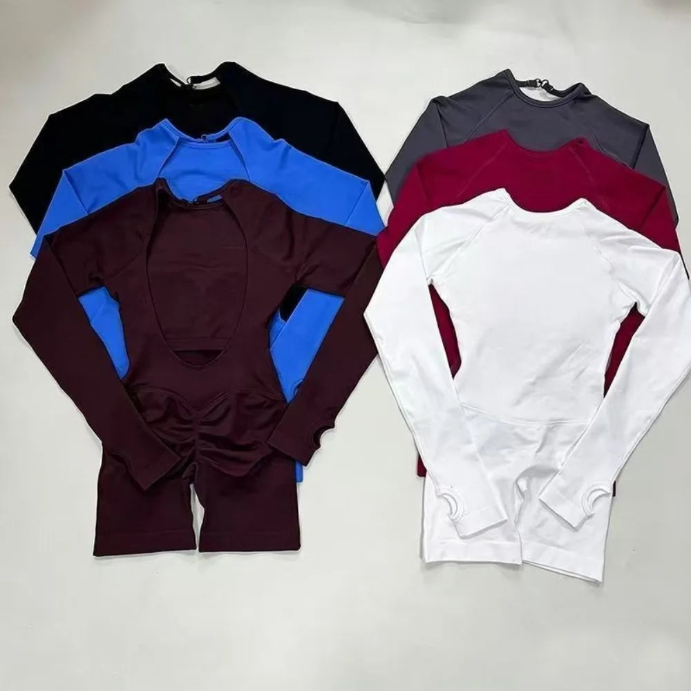 STOUREG Impact Long Sleeve One Piece Jumpsuit Women Backless Slim Fit Elastic Tummy Control Yoga Gym Sports Workout Bodysuit