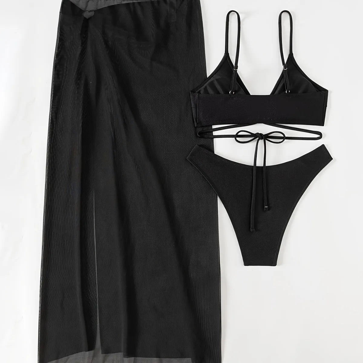New 3 Pieces Halter Triangle Thong Bikini Set Swimsuit Women Black Swimwear with Sarong Skirts Dress Beach Wear Bathing Suits