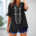 Womens V Neck Embroidered Linen Tunic Shirt Roll Up Sleeve Button Down Loose Fit Casual Boho Blouse Vintage Summer Beach Shirts