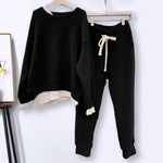 2 Pcs/Set Women Sweatshirt Pants Set Fake Two-piece Crew Neck Loose Elastic Waist Drawstring Casual Women Autumn Tracksuit