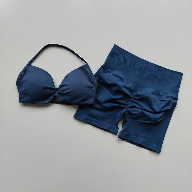 2PCS Backless Sports Bra High-Waisted Yoga Shorts Set Sexy Neck Hanging Design Abdomen Hip Lifting Fitness Outfit