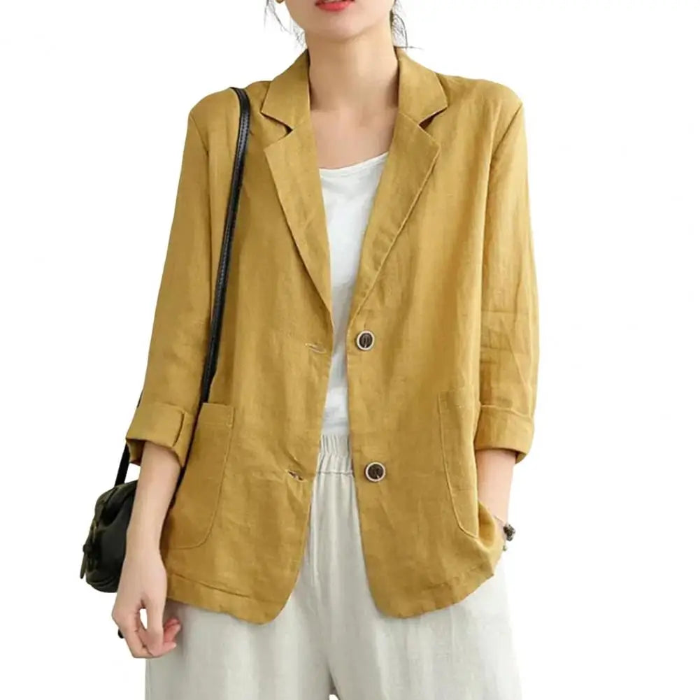 Vintage Long Sleeve Blazer Jacket Cotton Linen Coat for Women Casual Lapel 2 Buttons Thin Coat with Pockets