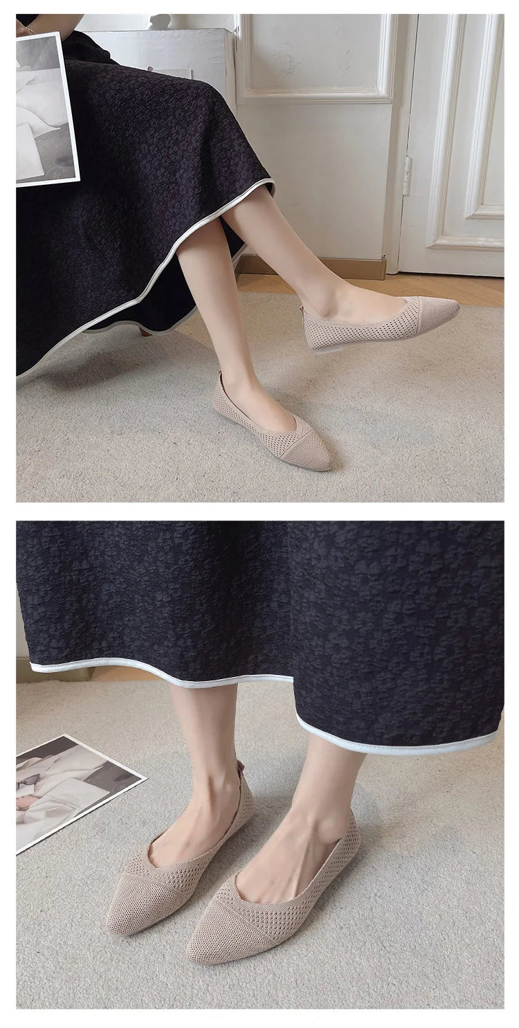 2025 Women Pointed Toe Flats Breathable Fabric Spring Summer Flat Shoes Soft Sole Slip-on Girls Daily Walking Driving Loafers