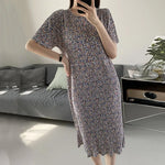 Summer Women Dress Small Flower Print Crew Neck Loose Short Sleeves Pleated Dating Shopping Midi Dress Mid-calf Length Pullover