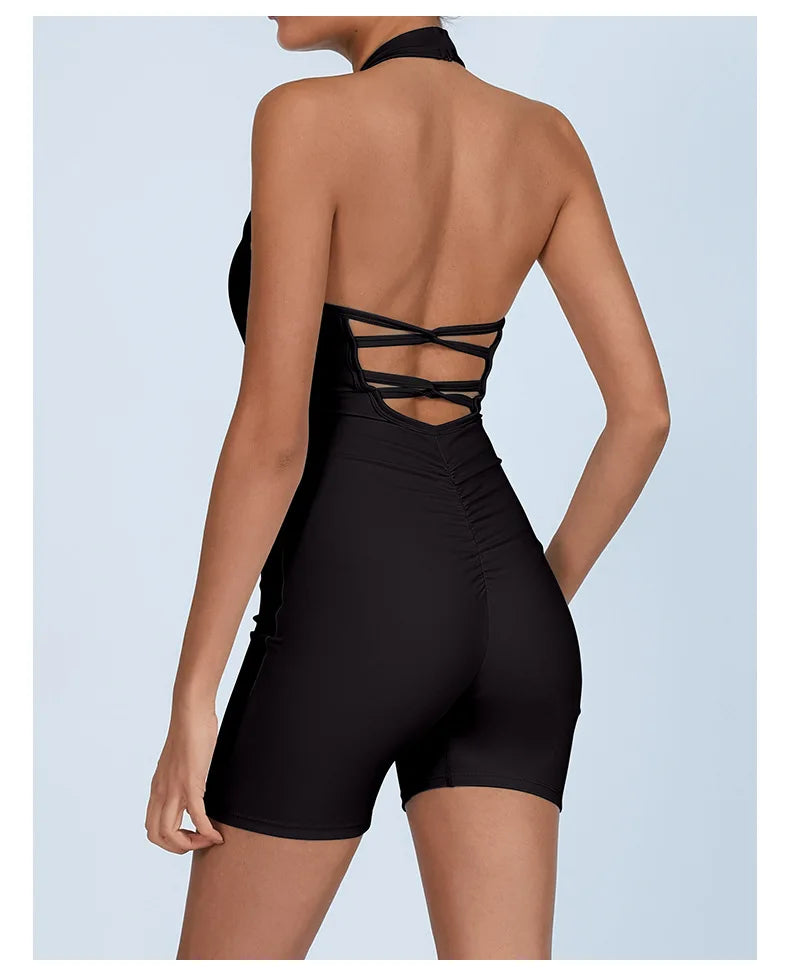Summer Yoga Jumpsuit Back Hollow Out Bandage Pleate Pocket Shorts Sports One Piece Suits Butt Lifting Fitness Workout Bodysuit