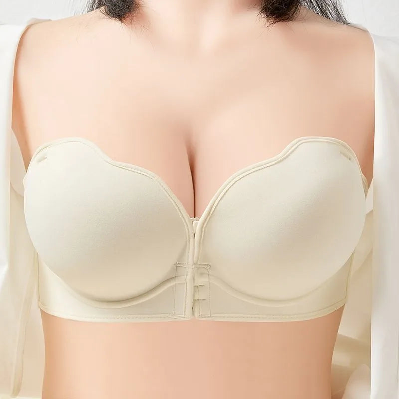 12CM Extreme Push Up Strapless Bra, Front Closure Anti-Slip Invisible Hand Cup for Small Chest, Seamless Adhesive T-Shirt Bra