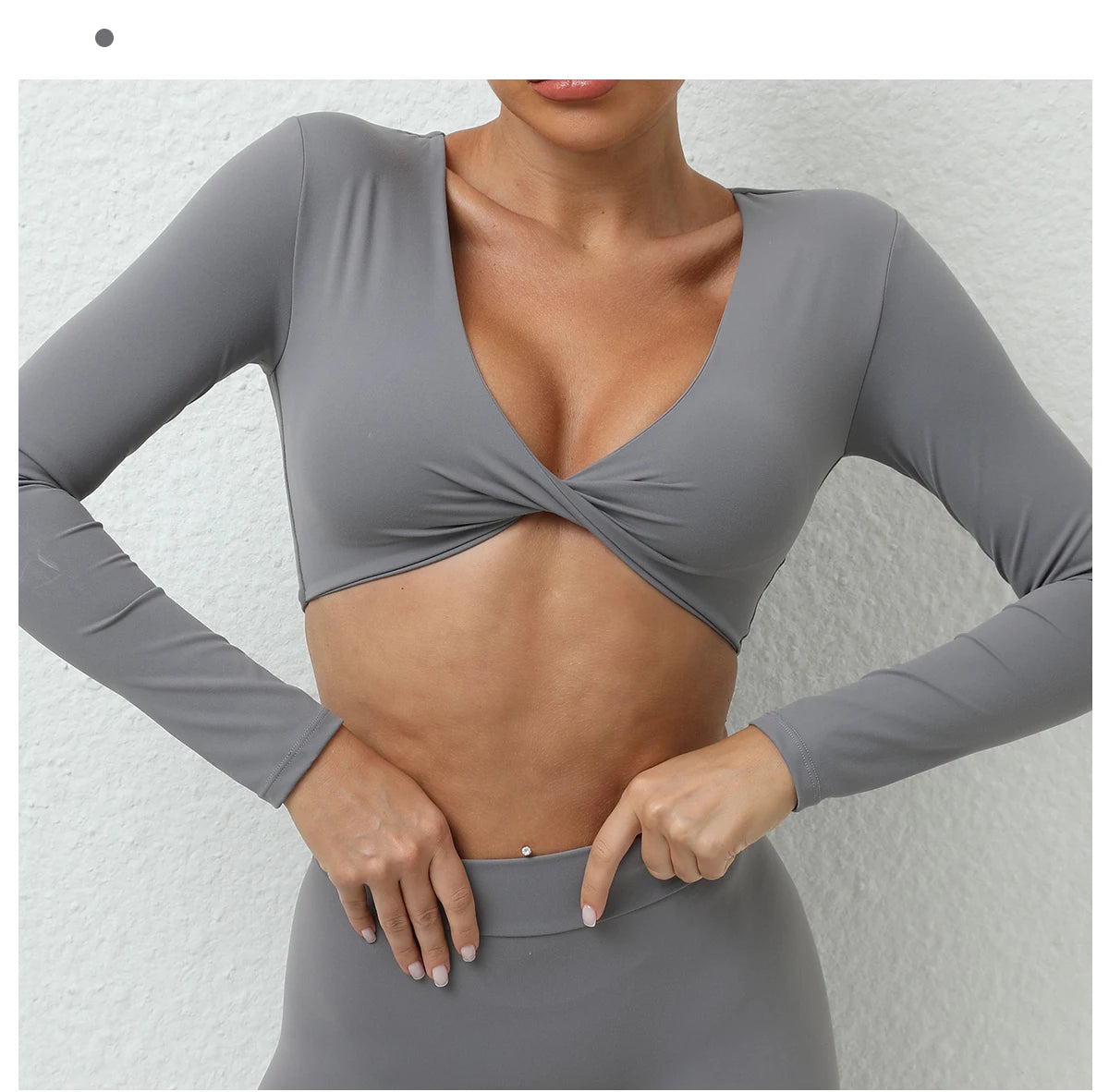 Long Sleeve Gym Crop Tops for Women Twist Deep V Workout Quick Dry Padded Sports Fitness Yoga T-Shirt