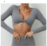 Long Sleeve Gym Crop Tops for Women Twist Deep V Workout Quick Dry Padded Sports Fitness Yoga T-Shirt