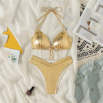 Shiny Gold String Halter Push Up Bikini Donna Sexy Swimsuit Women Back Lace-up Swimwear 2025 High Cut Bathing Suit Bikinis Sets