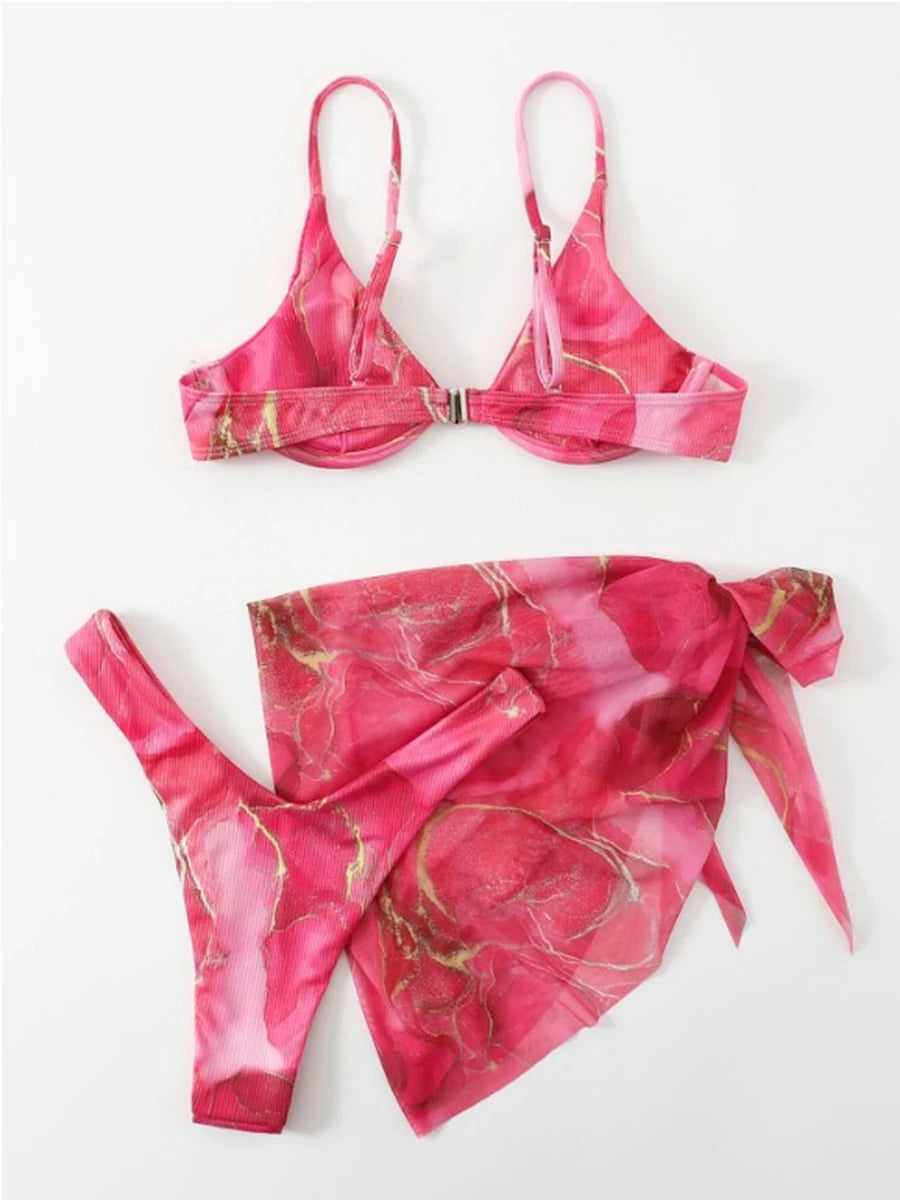 3 Pieces Print Push Up Bikini 2026 Women & Beach Skirt Strappy Swimsuit Sexy Swimwear Female Bathers Bathing Swimming Swim Suit