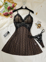 French style leopard print mesh sheer nightgown, sexy lace-edge deep V strap nightgown with T-shirt two-piece set ZA825233