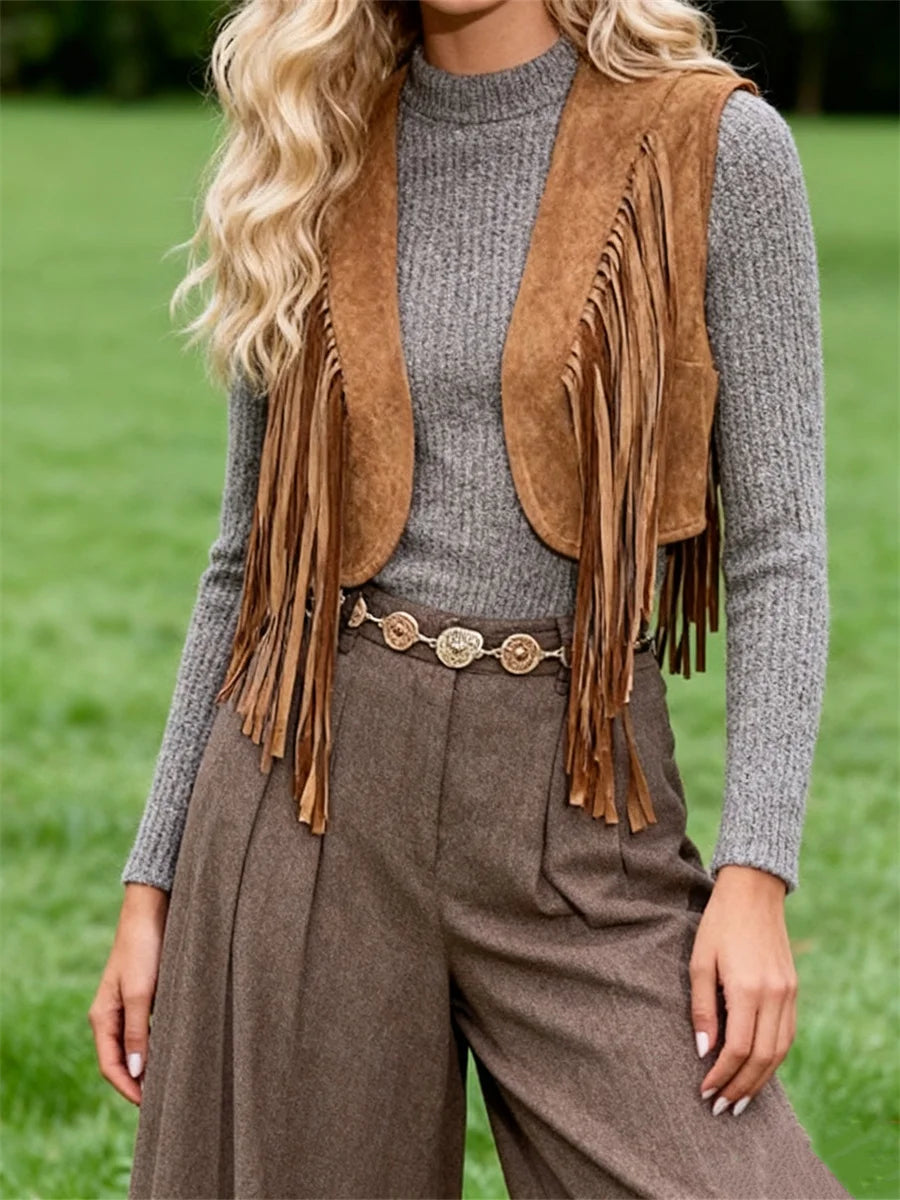 Women's Cowgirl Tassel Vest Coat Western style Sleeveless Open Front Cardigan Tops Jackets 70s Hippie Waistcoat